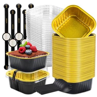 Imagem de LOKQING Pacote com 50 mini formas de bolo com tampas e colheres, pequenas formas de folha de alumínio, copos quadrados, forros de cupcake de ramequins descartáveis para torta de brownie (ouro preto,