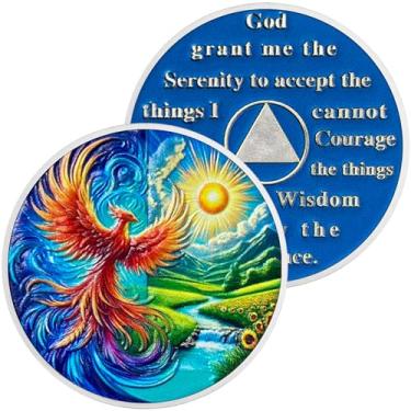 Imagem de Moedas de sobriedade da fênix caótica | Medalhões numerais de prata com cápsula protetora | Fichas comemorativas para homens e mulheres em recuperação | Medalhões comemorativos para marcos mensais e