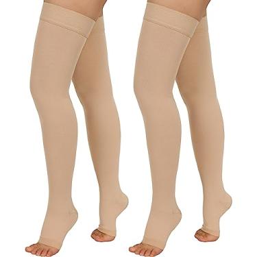 Imagem de Totexil 2 pares de meias de compressão para mulheres e homens, 20-30 mmHg meias de compressão até a coxa, meias de compressão médicas de bico aberto com faixa de pontos de silicone - melhor suporte para enfermagem, esportes varizes
