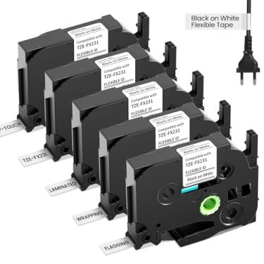 Imagem de Substituição de cabo/fio laminado Flexible-ID para Brother Ptouch TZe-FX231 12 mm 1,2 cm para PT-D200 PT-D210 PT-D600 PT-D400 PT-H100 PT-H110, preto sobre branco, pacote com 5