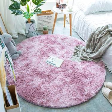 Imagem de Tapetes redondos fofos para quarto de meninas, rosa, macio, peludo, pelúcia, branco, tapetes para sala de estar, decoração de quarto, decoração de casa, rosa, roxo, 120 cm de diâmetro
