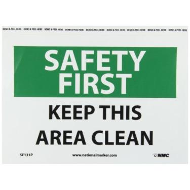 Imagem de NMC Placa SF131P OSHA, legenda "SAFETY FIRST - KEEP THIS AREA CLEAN", 25,4 cm de comprimento x 17,8 cm de altura, vinil sensível à pressão, preto/verde em branco
