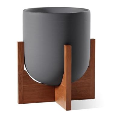 Imagem de LE TAUCI Vaso de 25 cm com suporte de madeira de acácia, vasos de cerâmica para plantas de interior, vasos internos para decoração de casa, vasos modernos de meados do século para plantas com orifício