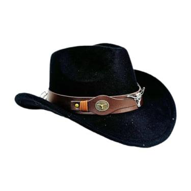 Imagem de Fiocias Chapéu de cowboy ocidental aba grande para acessórios de fantasia de pesca presente de inverno para viagem, Preto