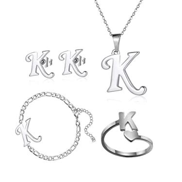Imagem de Loqimu Pacote com 4 conjuntos de joias iniciais de aço inoxidável para mulheres, anéis de prata, pulseiras, brincos com pingente, colar, gargantilha maiúscula, corrente, brincos de orelha, presente,