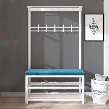 Imagem de Banco de entrada, cabideiro e armazenamento de sapatos, suporte 4 em 1 para banco de sapatos, cabide independente, rústico, moderno, industrial, árvore, com sapateira, almofada de veludo, fácil de