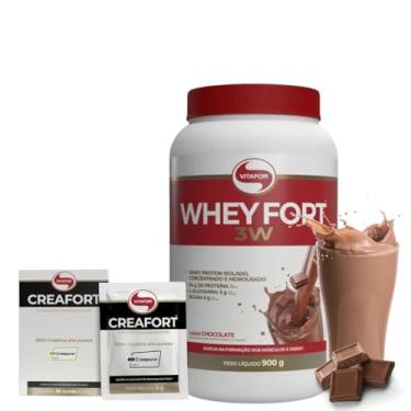 Imagem de Combo Whey Fort 3W 900g Vitafor Proteina Isolado/concentrado Original e Creafort Creatina 100% Alta Pureza 30 Saches 3g (900, Chocolate)