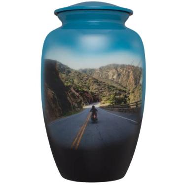 Imagem de Liliane Memorials Urna Extragrande - Até 350 Libras - Urna Funerária De Motocicleta Com Cena De Montanha - Tamanho Extragrande 13 Polegadas De Altura - Adequada Para Sepultamento Em Cemitério Ou Nicho