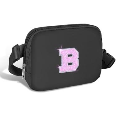 Imagem de COSHAYSOO Pochete de cintura pequena com alça ajustável com patch de letra inicial para mulheres, adolescentes, meninas, viagens, academia, caminhada, bolsa de viagem transversal, bolsa moderna, Preto