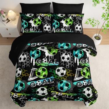 Imagem de AILONEN Conjunto de edredom casal com estampa de futebol americano, 7 peças, azul, verde, branco, lençol com elástico, lençol de cima e 2 fronhas, microfibra macia