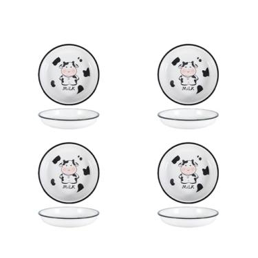 Imagem de Conjunto criativo de tigela e prato de vaca de desenho animado, tigela e prato de cerâmica personalizados para uso doméstico - prato redondo de 20 cm - 4 pacotes
