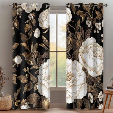 Imagem de Cortinas blecaute florais douradas pretas para quarto, boho, folhas de flores escuras, cortinas de janela botânicas, vintage, ouro rosa, exclusivas, chiques, para sala de estar, L 132 x 213 A, 2