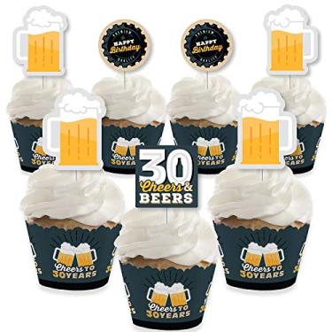 Imagem de Big Dot of Happiness Cheers and Beers to 30 Years - Decoração de cupcake - Kit de embalagem de cupcake e palitos de petiscos para festa de 30 anos - Conjunto de 24