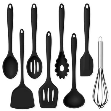 Imagem de TeamFar Conjunto de 8 utensílios de cozinha de silicone resistente ao calor, espátula, colher, batedor, utensílios de cozinha para panelas antiaderentes, laváveis na lava-louças, preto