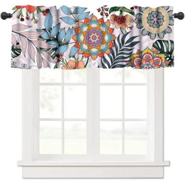 Imagem de Cortina de flores boho para cozinha, estilo boêmio, rústico, floral, mandala, folhas de palmeira, plantas, botânico, bolso para varão, blackout para janela curta, tratamento para quarto, sala de estar