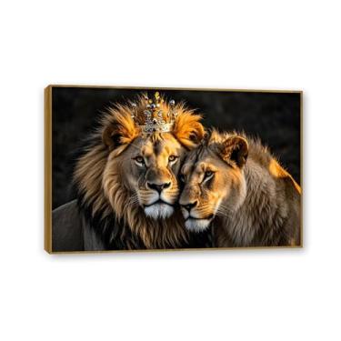 Imagem de SDYJ6GSW Leão e Leoa com coroa dourada quadro romântico casal arte pintura para quarto decoração de casa moderna pronto para pendurar 75x50cm (30x20in) moldura teca
