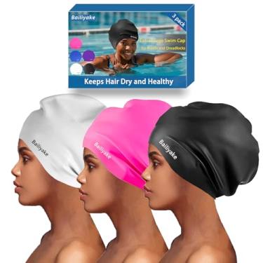 Imagem de Pacote com 3 toucas de natação extra grande para tranças e dreadlocks - Chapéu de natação de silicone impermeável para mulheres e homens com cabelo comprido e grosso, touca de natação protetora para
