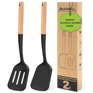Imagem de Conjunto de 2 espátulas de silicone com elegante cabo de madeira, espátula sólida e ranhurada resistente ao calor para panelas antiaderentes, ótimas espátulas de cozinha, utensílios de cozinha para