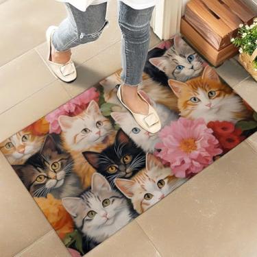 Imagem de amepay Tapete de porta interior de gato fofo – Capacho elegante de tecido não tecido de 43 x 75 cm com design floral de flor de gatinho, capacho de animal, para varanda, quarto, sala de estar - tapete