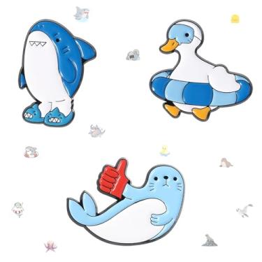 Imagem de JHCHUYI Conjunto de 3 peças de alfinetes engraçados de animais do oceano com selo de desenho animado, pato com flutuador, emblemas esmaltados de tubarão de natação para mochilas, chapéus,