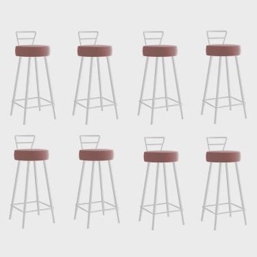 Imagem de Kit 08 Banqueta Alta Com Encosto Tina Eiffel Cozinha Bar Bistrô Ferro Branco Suede Rosa Gold - Ahazzo Móveis