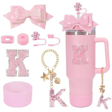 Imagem de Coiris Conjunto de 8 peças de acessórios para copos Stanley com pingente de laço rosa para copos de 1,134 g e 850 g Conjunto de acessórios para copos Stanley rosa choque (TZ0001-Pink K)