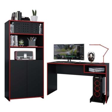 Imagem de Kit Mesa Gamer Armário Alto Escritório Pixel Preto Caemmun