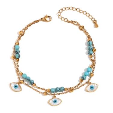 Imagem de Tornozeleira feminina turquesa azul olho turco concha amuletos da sorte olhos pendurados em camadas duplas tornozeleiras de aço inoxidável ajustáveis para os pés joias, Adjustable, Aço inoxidável Aço