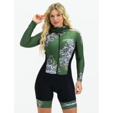 Imagem de Macaquinho Ciclismo Feminino Manga Longa Verde Flowers Black Savancini