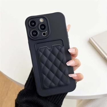 Imagem de Capa tipo carteira com padrão de treliça da moda para iPhone 15 14 11 12 13 Pro Max Plus XS X XR Capa de silicone macio com compartimento para cartão, preta, para 7 Plus ou 8 Plus