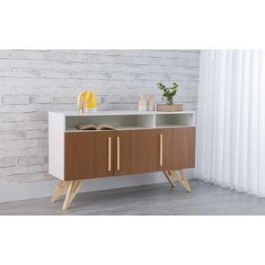 Imagem de Balcão Buffet Para Sala De Jantar Mdf Branco Pés Taeda 3 Portas Freijó