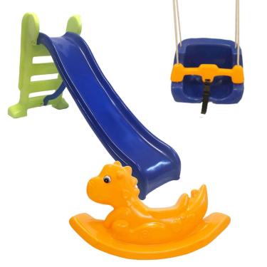 Imagem de Escorregador Médio 3 Degraus + Balanço infantil playground + Gangorra Dinossauro rex-Promoção Verde e Amerelo