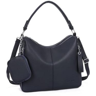 Imagem de Mochila grande de couro feminina transversal (Azul)