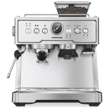 Imagem de Máquina de Café Expresso Semiautomática 20 Bar com Moedor Embutido, Desligamento Automático e Bocal de Leite, 110V, Ihomekee, Prata