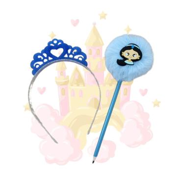 Imagem de Kit Princesa tiara de coroa e lápis pompom Princesas papelaria presente lembrancinha pascoa