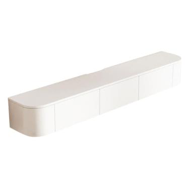 Imagem de CUTPOIY Suporte de TV montado na parede, armário de armazenamento de TV de madeira maciça com gavetas, centro de entretenimento doméstico, mesa de console de mídia moderna, suporte de TV branco