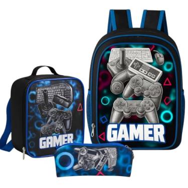 Imagem de Kit Mochila Masculina Infantil Gamer escolar Passeio + Lancheira Termica e Estojo