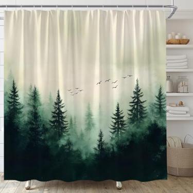 Imagem de AMFD Cortina de chuveiro montanha floresta enevoada verde pinheiro nebuloso aquarela paisagem rústica selva exterior cortinas de banheiro decoração conjunto de tecido inclui ganchos, (177.8 cm WX70 H)