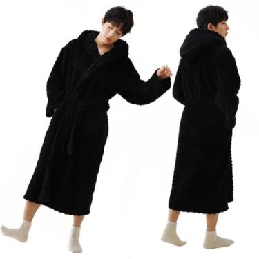 Imagem de LVTFCO Roupão de casal jacquard com capuz acolchoado e engrossado com uma longa seção de pijama de flanela, preto-GG