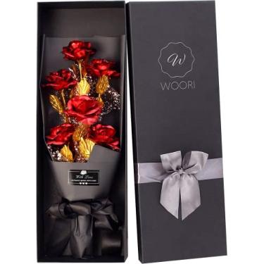 Imagem de WOORI Buquê de rosas douradas – elegantes rosas artificiais banhadas a ouro em caixa de presente de luxo para ela, aniversário, dia dos namorados, aniversário