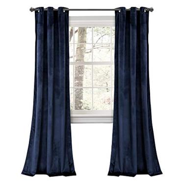 Imagem de Lush Decor Prima Cortinas de veludo com blocos de cores, conjunto de painel de janela para sala de estar, jantar, quarto (par), 213 cm L, azul-marinho