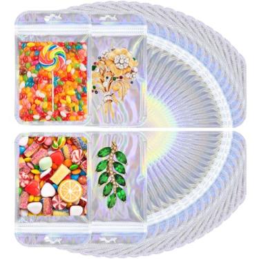 Imagem de DASTTUIS 50 sacos holográficos Mylar – sacos de embalagem Ziplock transparentes à prova de resselagem - sacos de amostra, batom, doces, joias, pulseiras, bolsas de armazenamento de festa para pequenas