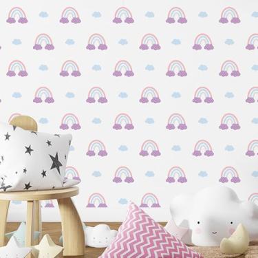 Imagem de Papel de Parede Adesivo Infantil Arco-Íris com Nuvens – Tons Pastel, Lavável – Rolo 50cm x 3m – Quarto de Bebê e Criança
