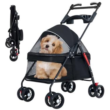 Imagem de OMDOCA Carrinho de passeio com gaiola dobrável para cães e gatos, com cesta de armazenamento e suporte de copo, 4 rodas para cães e gatos médios/pequenos, com suporte de copo (preto-B)