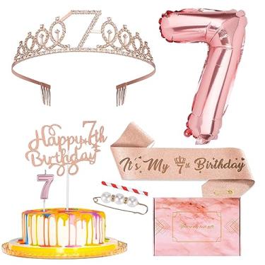 Imagem de Rikastua Decorações De 7º Aniversário Para Meninas - Tiara Coroa Com Strass Em Ouro Rosa, Topo Bolo, Velas Numéricas E Conjunto Balões