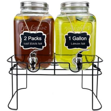 Imagem de HENABLE Dispensador De Bebidas Vidro 1 Galão Para Festas, 2 Pacotes Suco, Limonada, Chá Gelado, Água Com Suporte, Dispensadores Torneira Churrasco, Piquenique, Festa