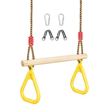 Imagem de LadyRosian Barra de balanço trapézio de madeira, conjunto de balanço de altura ajustável, anéis de ginástica, acessórios de playground, barra de macaco de 42 cm para quintal, parquinho infantil, sala