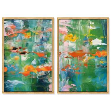 Imagem de Art Remedy Conjunto de 2 abstratos texturizados em tela serenata da selva, moldura dourada, 50 x 76 cm