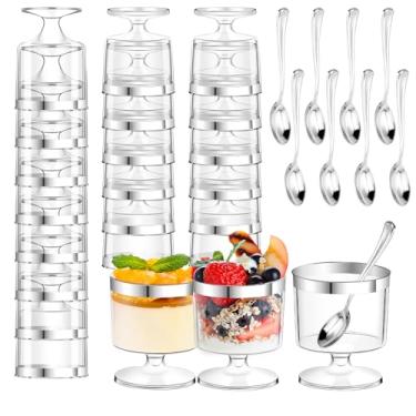 Imagem de DI QIU REN 120 taças de sobremesa de 142 g com colheres prateadas, copos de plástico transparente para aperitivo e pudim, copos de dose redondos (pacote com 60 com borda prateada)