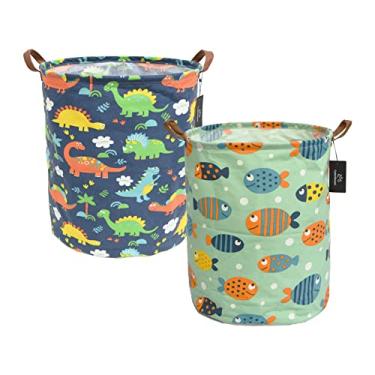 Imagem de GodenMoninG Cesto de lavanderia dobrável 2 x 62,8 L grande redondo à prova d'água com alças de couro, decoração de casa, organizador de brinquedos, cesto de berçário infantil (pacote com 2